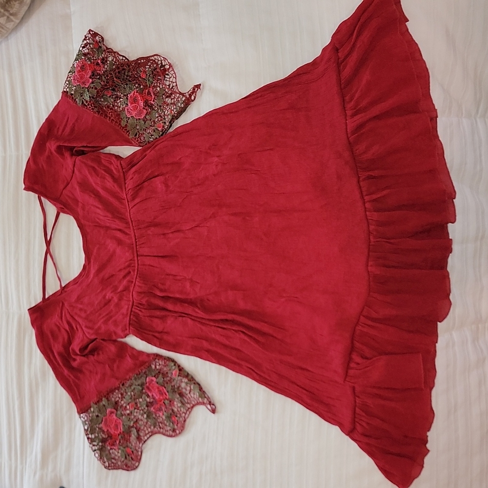 Kings Road burgundy peasant dress with 3/4 lace sleeves